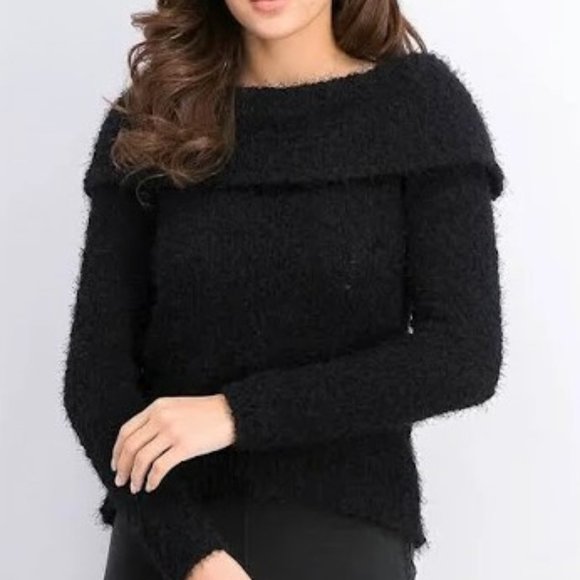 Freshman Juniors' Off-The-Shoulder Fuzzy Sweater - Picture 1 of 3
